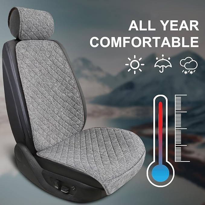 Linen Car Seat Covers Front Seat Covers Breathable Cloth Fabric Car Seat Protector - Universal Fit for Cars, Vans, SUVs, Trucks - 2 Units - Gray