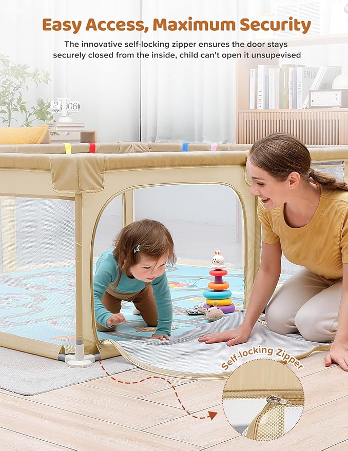 Dripex Baby Playpen with Mat, 71"x47" Play Pen for Toddlers 1-3 Years, Soft Breathable Visible Mesh, Indoor/Outdoor Portable Play Yard with Mat, Safe Baby Fence Play Area, Beige