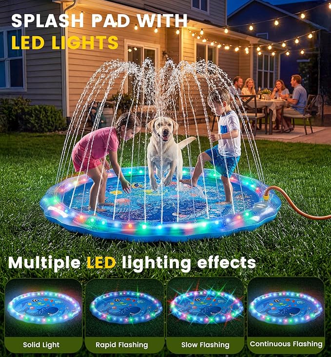 LED Glowing Splash Pad Sprinkler for Kids & Dogs, 60" Non-Slip Outdoor Water Toys Toddler Sprinkler Pool Splash Pad/Play Mat,LED Light Boys Girls Yard Sprinkler Pool for Kids