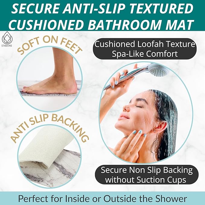Enkosi Loofah Shower Mat Non Slip – Square Anti Slip Bath Mat for Inside Showers, Bathtub, Tub, Bathroom - Cushioned, Quick Dry PVC with Drain Holes - Secure Grip Safety Pad (Marble Grey 24x24)