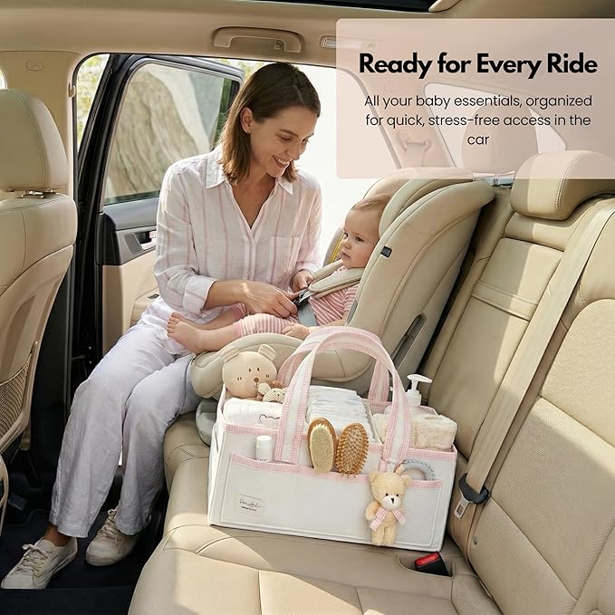 PeraBella Diaper Caddy Organizer with Handle, Baby Shower Gifts Basket Bag, Registry Search Must Haves Items, Nursery Storage Organizer for Newborn Girl Boy, Baby Bag Essentials, Car Diaper Caddy Cart
