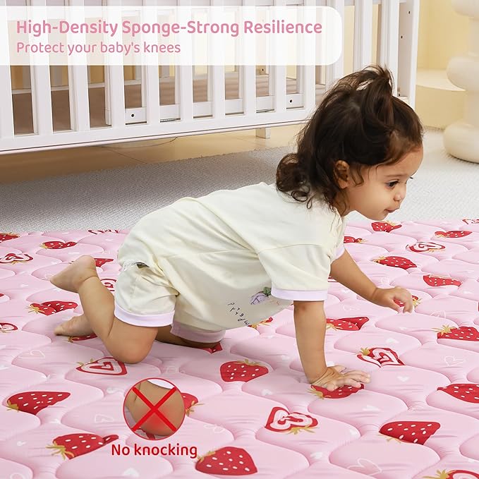 Viviland Baby Play Mats for Floor, Thicken Cushioning Padding Foam Playmate for Baby and Toddlers Infants, 50" x 50" Playpen Mat, Non-Slip & Machine Washable - Pink Strawberry