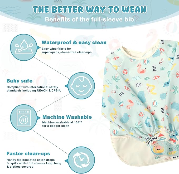 Little Dimsum Mess-Proof Baby Bibs|Infant Toddler Long Sleeve Waterproof Feeding Smock|Catching Food & Wipe Clean