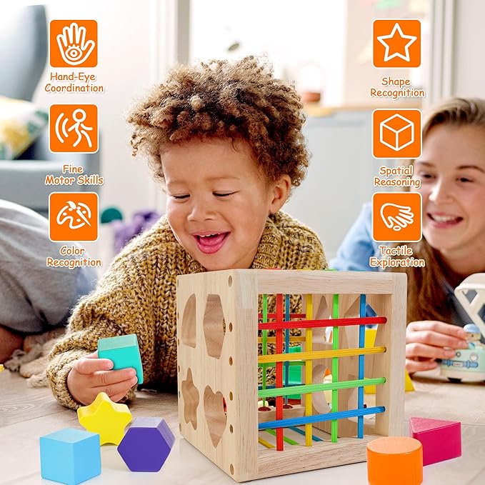HELLOWOOD Montessori Toys for 1+ Year Old, Wooden Sorter Cube with 8pcs Rattling Shapes, Developmental Learning Toy Gifts for Baby Toddler Boys Girls, Gift Packaging