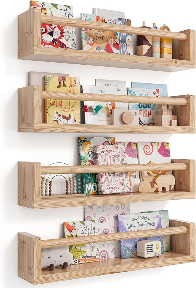 Nursery Book Shelves, 4 Pack, Wall Book Shelves for Kids Room, Baby, Toddler, Nursery Decor (Wood, 16.5 Inches)
