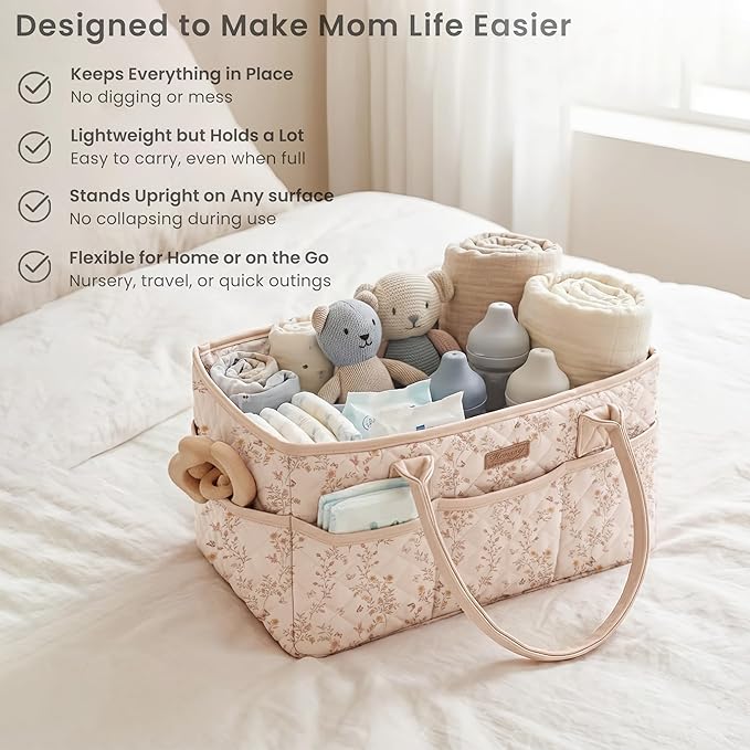 Konssy Floral Quilted Diaper Caddy Organizer, Diaper Caddy Basket with Vegan Leather Handles, Portable Nursery Storage Basket, Water-Repellent Car Organizer, Registry Search Must Haves (Floral)