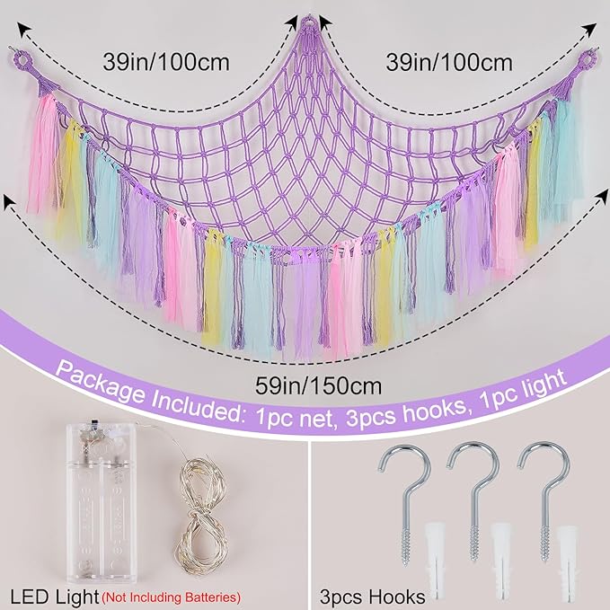 FIOBEE Stuffed Animals Net or Hammock with LED Light, Toy Hammock Hanging Stuffed Animals Storage Organizer Holder Room Décor for Nursery Kids Bedroom