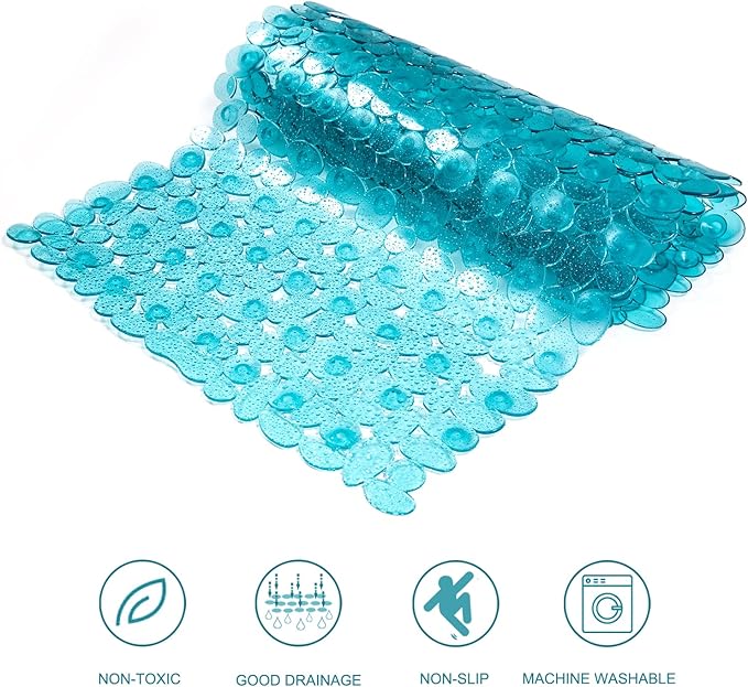 Bath Tub and Shower Mats, Non-Slip Pebble 35 x 16 Inches Machine Washable Bathtub Mat with Drain Holes, Suction Cups for Bathroom (Clear Teal)