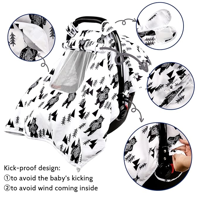 Baby Carseat Cover Boys, Newborn Car seat Canopy, Minky Cozy & Warm Cover, Winter Carrier Cover with Peep Windows, Soft & Breathable, Bear Stuff