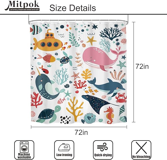 4 PCS Kids Shower Curtain Set 72Wx72H Kid Toddler Bathroom Set Summer Ocean Fish Cute Whale Funny Underwater Bath Rug Toilet Lid Cover U Shape Mat Accessories 12 Hooks Bathroom Decors