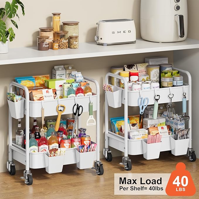 2 Tier All-Metal Rolling Cart, Rolling Storage Cart with Handle and Locking Wheels Kitchen Cart Laundry Office Bathroom Storage Organizer Cart, White