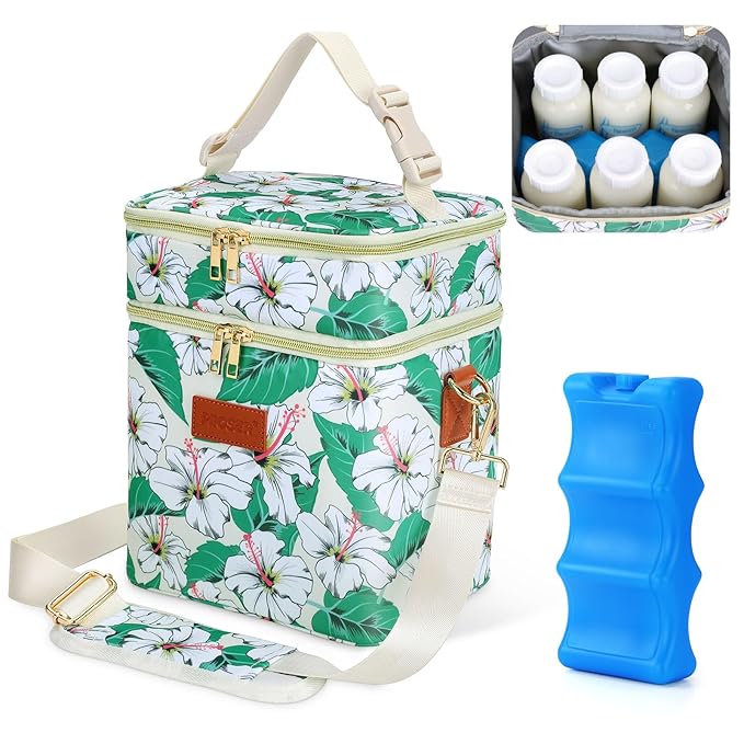PIIOSER Breastmilk Cooler Bag with Ice Pack, Fits 6 Baby Bottles Up to 9 Oz, Stylish Baby Cooler Travel Bags with Shoulder Strap, Double Layer & Leakproof for Nursing & Working Moms Daycare, Floral