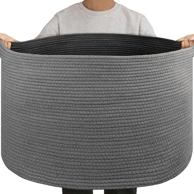 OIAHOMY 105L Blanket Basket for Living Room, Large Basket 23.6" x 23.6" x 14.6" with Handle, Laundry Hamper for Blankets, Pillows, Toy Storage for Kids, Dogs - Grey