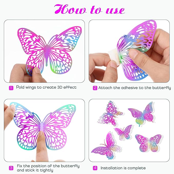 3D Gold Butterfly Wall Decor 3 Sizes 4 Styles Butterfly Party Decorations Cake Decorations Removable Stickers Wall Decor Room Mural Metallic Kids (Laser Pink Purple, 36Pcs)