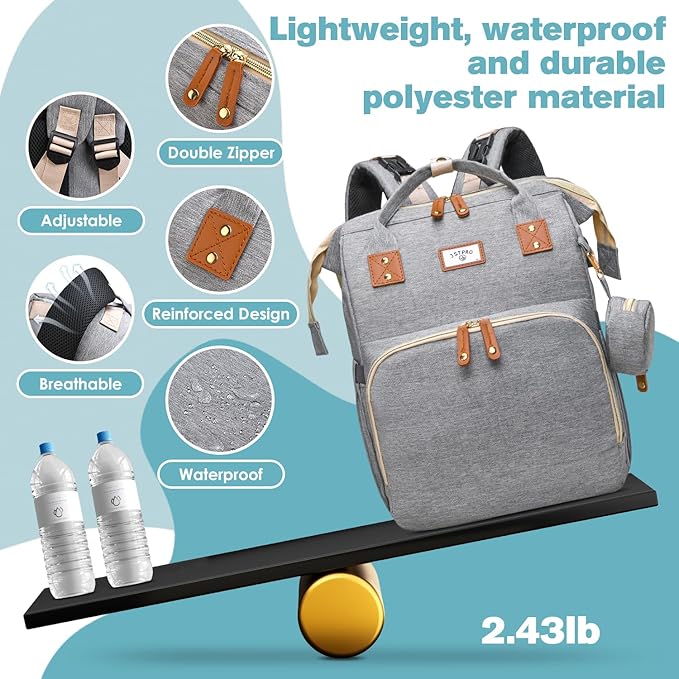 JSTPRO Diaper Bag Backpack, Large Waterproof Lightweight Diaper Bag with Changing Station, Insulated Pockets, USB Port & Stroller Straps, Travel Baby Bag for Mom and Dad, Baby Shower Gifts (Grey)