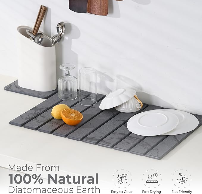 Large Stone Dish Drying Mat for Kitchen Counter, 2PCS Stone Drying Mat for Kitchen Counter, Foldable Water Absorbing Diatomaceous Earth Drying Pad for Bottles Dish Cups(Dark Gray 24"×16" & 8"x5")