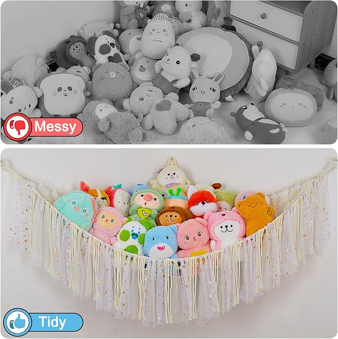 FIOBEE Stuffed Animals Net or Hammock with LED Light, Toy Hammock Hanging Stuffed Animals Storage Organizer Holder Room Décor for Nursery Kids Bedroom