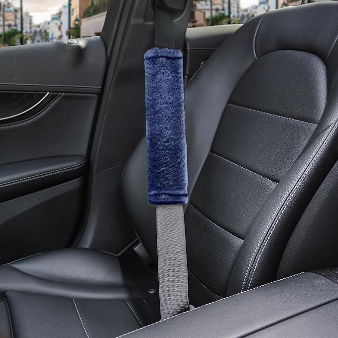 Amooca Soft Faux Fur Universal Fit Seatbelt Cover Car Truck SUV Airplane Seat Belt Shoulder Pad for Carmera Backpack Straps Neck Cushion Protector 2 Pack 10.5in Dark Blue