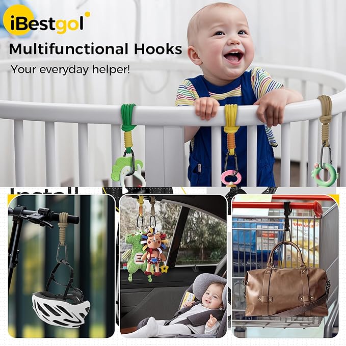 iBestgol Baby Stroller Hooks, Universal Clips for Diaper and Mommy Bags, Heavy-Duty Hangers with Straps, Practical Stroller Accessory for Moms, Black-4pc