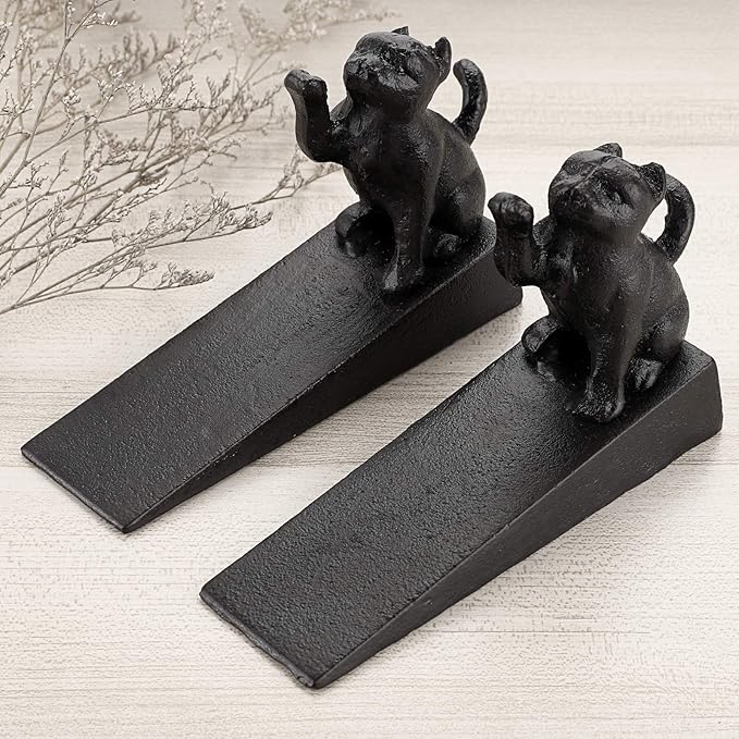 Sumnacon 2 Pcs Cast Iron Cute Cat Door Stops - Heavy Duty Rustic Door Stoppers Avoid Drilling Holes, Vintage Metal Door Wedges on All Floor Surfaces for Home Office Commercial Industrial