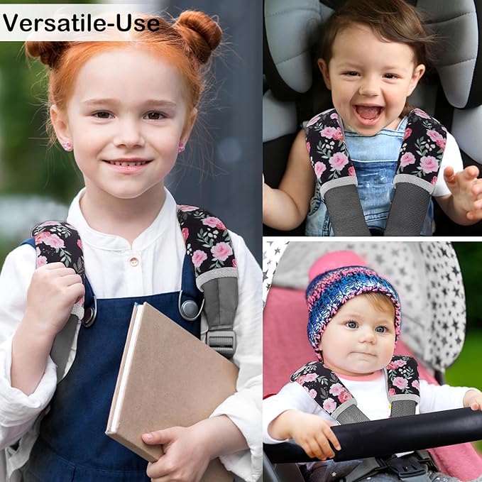 Seat Belt Cover Pad for Baby, Soft Seatbelt Cushion Covers for Kids 2Pcs Car Seat Strap Shoulder Pads for All Car Seats, Stroller, High Chair,Black Flower