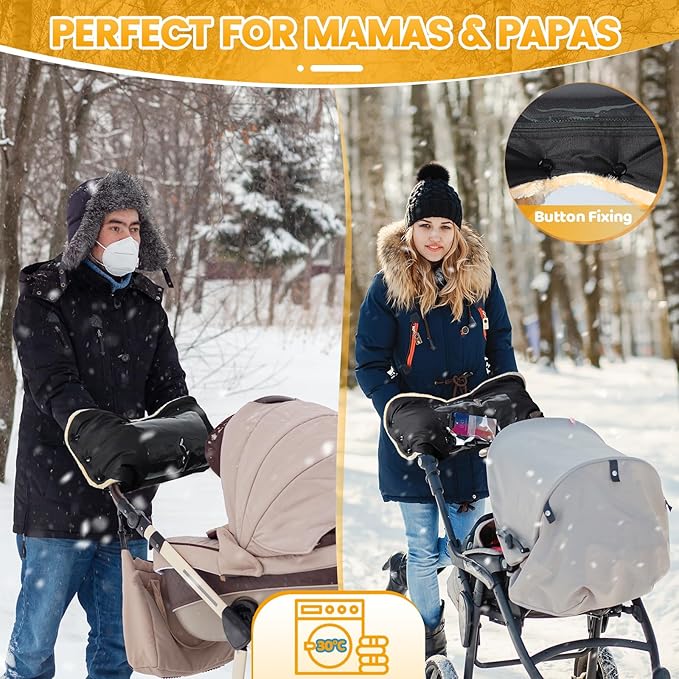 Orzbow Faux Sheepskin Gloves for Stroller with Phone Pockets, Winter Extra Thick Mittens for Baby Stroller, Cozy & Warm, Anti-freeze Hand Muff Easily Attaches to Stroller for Parents Caregivers, Black