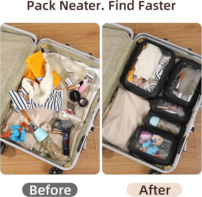 5PCS Diaper Bag Organizer Pouch Set，Clear Organizer Bags,TSA Approved Toiletry Bag,Clear Waterproof Cosmetic Bags with Zipper,Purse Organizer Pouches,Travel Organizer Bags for Woman and Kids,Black