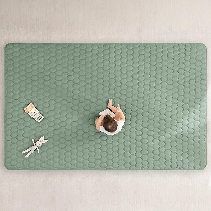 Comfy Cubs Rectangle Kids Play Mat - Large 60 x 96 inches Soft Quilted Baby Floor Mat with Non-Slip Bottom - Plush Design for Toddlers' Playtime - Comfortable and Durable - Fern