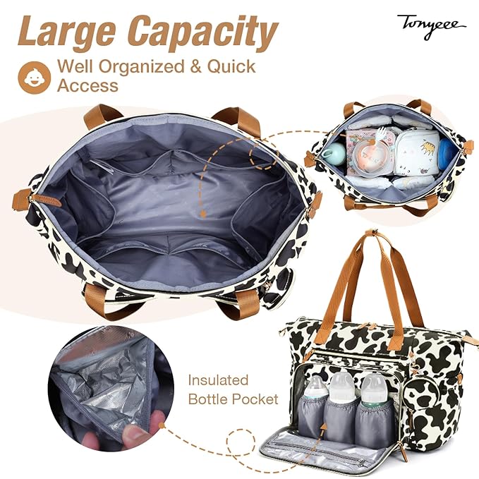Tonyeee Diaper Bag Tote, Large Baby Diaper Bags for Travel, Hospital Bag for Labor Delivery with Pacifier Case, Changing Pad, Shoulder Strap, Cow Print