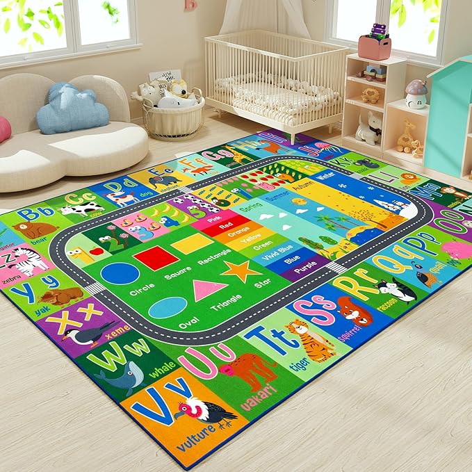 HOMORE Kids Educational Rug, 5x7 Kids Collection Area Rug for Learning Alphabet, Numbers, Colors, Season and Animal Words, Playmat for Classroom Playroom,Green