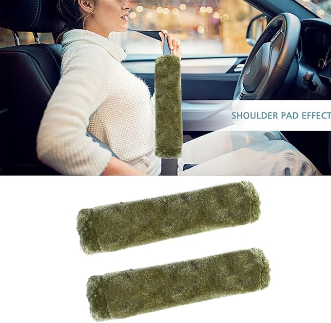 MOONET 2 Packs Car Seatbelt Covers Shoulder Pad for More Comfortable Driving, Universal Seat Belt Cover for Handbag Camera Backpack Straps, Soft Faux Sheepskin Wool Seat Belt Cushion (Olive)