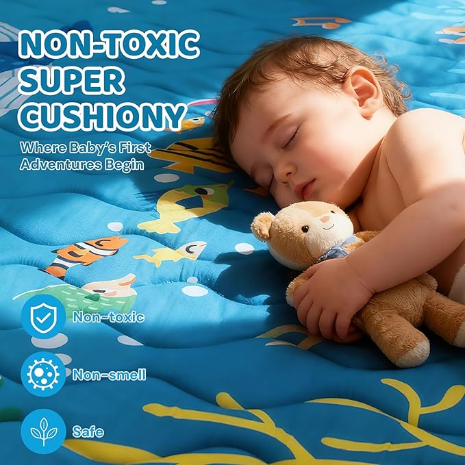 Baby Play Mat for Floor, 50'' x 50'' Thicken Foam Soft Padded Mat for Baby, Playpen Mat for Toddlers Infant Kids, Machine Washable, Non-slip Bottom Safe for Crawling (Sea)