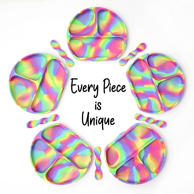 PrimaStella Unbreakable Silicone Non-Slip Baby & Toddler Plate and Spoon Feeding Set - Rainbow Swirl