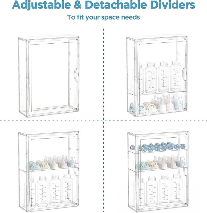 HBlife Baby Bottle Storage Organizer for Countertop Cabinet, 3 Tiers Adjustable Clear Acrylic Bottles Storage Station Case Box Container with 2 Removable Dividers and Magnetic Door, Medium