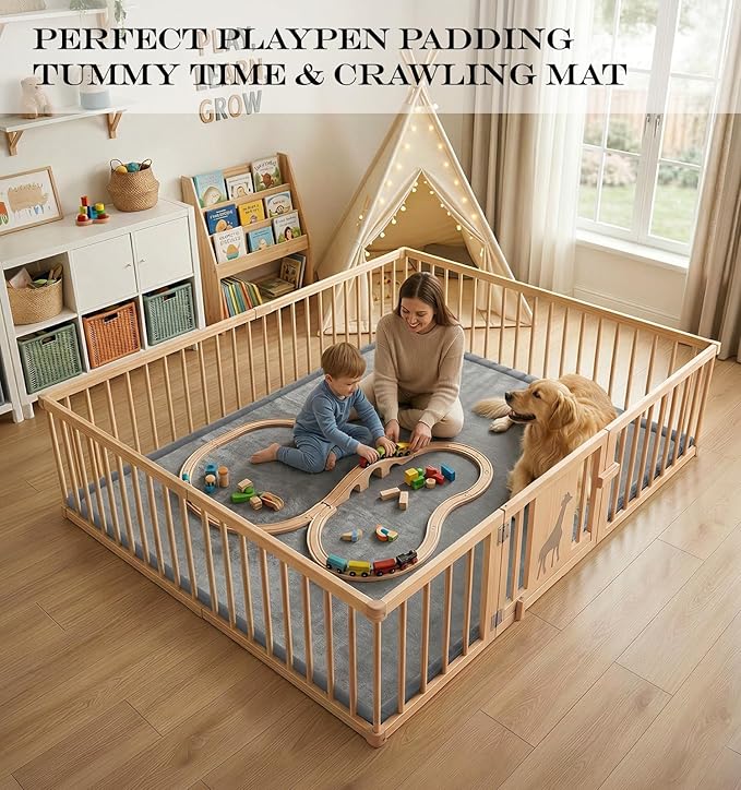 AEOCOO 71x79 Baby Play Mats for Floor, 1.3" Thick Memory Foam Cushion Infant Baby Kids Extra Large Tummy Time Mat, Nursery Rug, CloudSoft Velvet Anti-slip for Crawling, Playroom, Living Room, Grey
