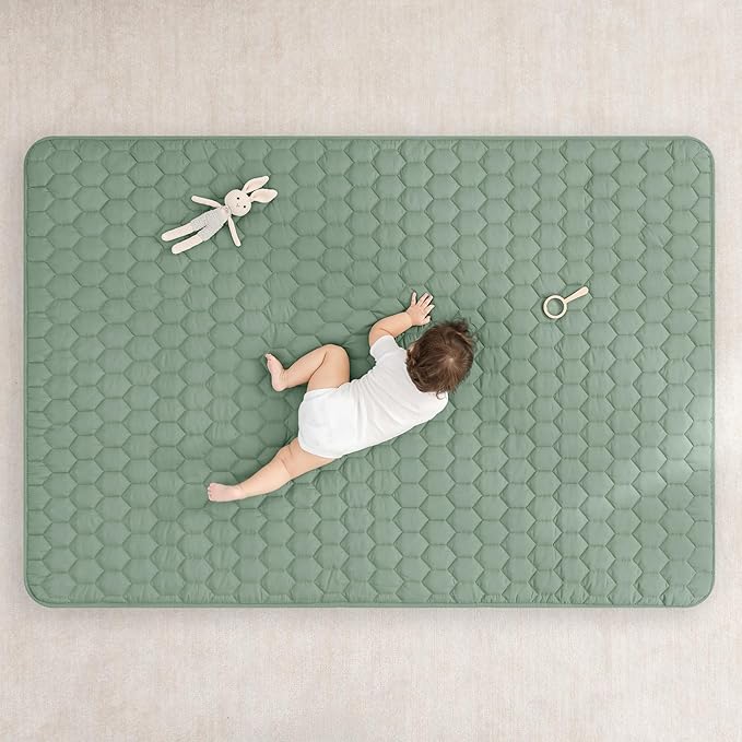 Comfy Cubs Rectangle Kids Play Mat - Medium 48 x 72 inches Soft Quilted Baby Floor Mat with Non-Slip Bottom - Plush Design for Toddlers Playtime - Comfortable and Durable - Fern