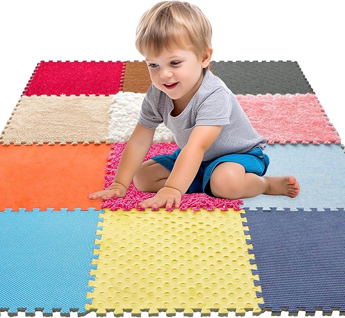 12 Set Sensory Floor Tiles - Textured Sensory Mats, Interlocking Sensory Rug Sensory Toys for Autistic Children Kids Baby Toddler Multi Sensory Exploration, Tactile Play, Fidgeting Activity