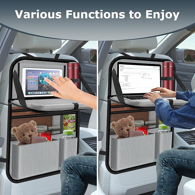 Oneyus Car Backseat Organizer with table Tray, 9 Storage Pockets Backseat Car Organizer with Tablet Holder, Back seat Organizer for Kids Road Trip Essentials Travel (1Pack)