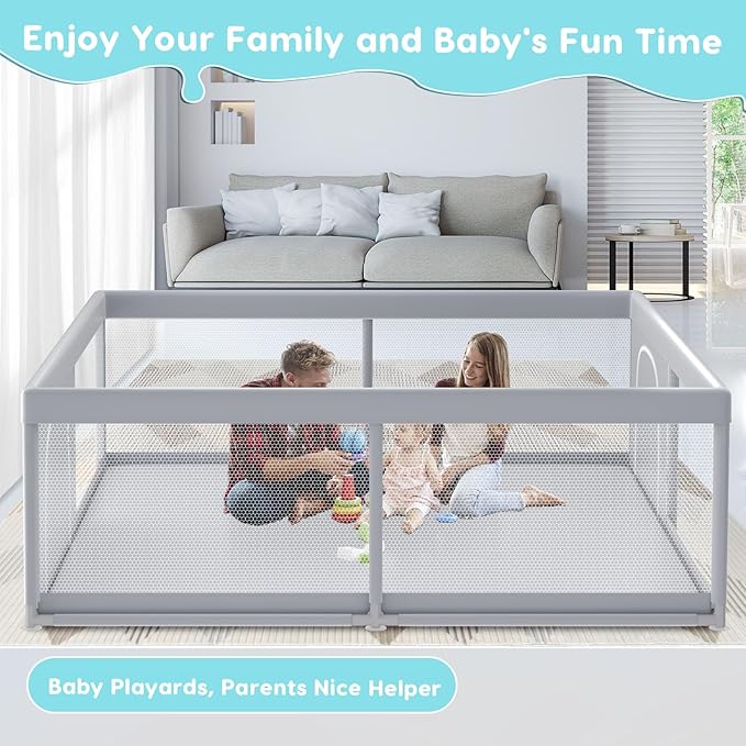 Fshibila 79" ×79" Extra Large Baby Playpen, Baby Playard for Babies and Toddlers, BabyFence Play Pens for Indoor & Outdoor, Sturdy Safety Play Yard with Soft Breathable Mesh, Anti-Fall, Grey