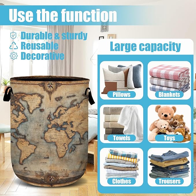 Antique World Map Laundry Basket, Laundry Hamper Collapsible Oxford Cloth with Handle Clothes Toy Storage Bin for Bathroom Laundry Room Bedroom 15.7 X 20 Inch