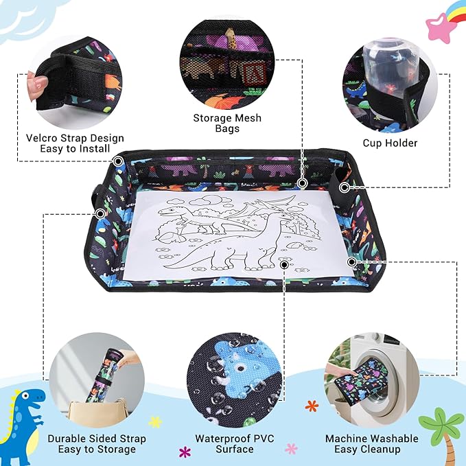 COOLBEBE Airplane Tray Table Cover, Foldable Travel Tray Cover for Toddlers 1-3, Universal Fit for Airplane, Car Seat, High Chair, Machine Washable, Portable, Black Dinosaur