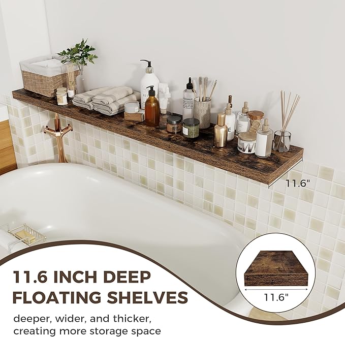Fun Memories 12 Inch Deep Floating Shelves, 67 Inch Long Extra Large Floating Shelves Set of 2, Wood Wall Shelves for Living Room, Kitchen, Bedroom, Farmhouse, Laundry Room, Home Office - Rustic Brown