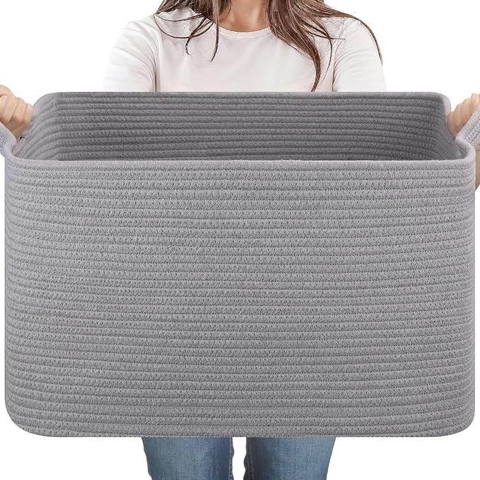 SIXDOVE 65L Large Storage Basket, Cotton Rope Woven Blanket Basket, Toy Storage for Baby Room, Living Room, Light Grey