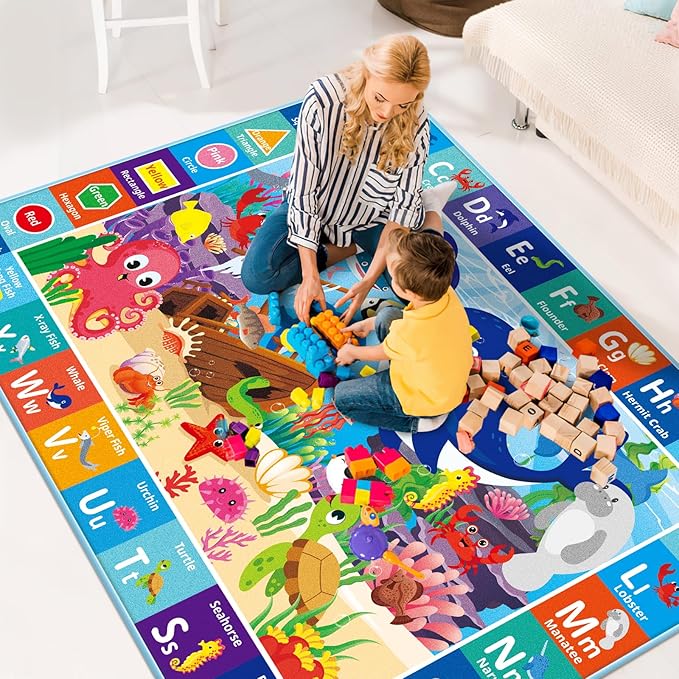 Baby Play Mat for Floor, ABC Kids Play Mat, Sea Animals Kids Rugs for Girls and Boys Playroom, Foldable Rug for Baby Toddler Infants Crawling Playing (Blue, 59X39.4 INCH)