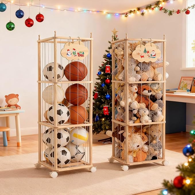 M MEEPO Stuffed Animal Storage & Organizer, with 2-Piece Large Detachable Toy Storage Bags, Wooden Tall Zoo Toys Storage with Wheels for Kids Playroom Kidroom Bedroom, Easy Assemble, 53 Inch