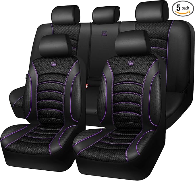 CAR PASS Comfortable 3D Foam Mesh Leather Car Seat Covers Full Sets, Air Cool Mesh Breathable Seat Covers for Car, Universal 5 Seats Fit for SUV Truck Sedan Automotive, Airbag Compatible,Black Purple