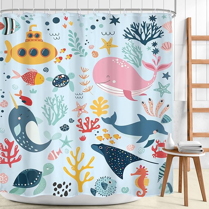 Blue Kids Shower Curtain 72Wx72H Kid Ocean Whale Funny Cartoon Cute Fish Sea Animal Underwater Baby Boy Girl Bathroom Decor Nursery Submarine Coastal Bath Curtain Fabric Polyester 12 Pack Hooks