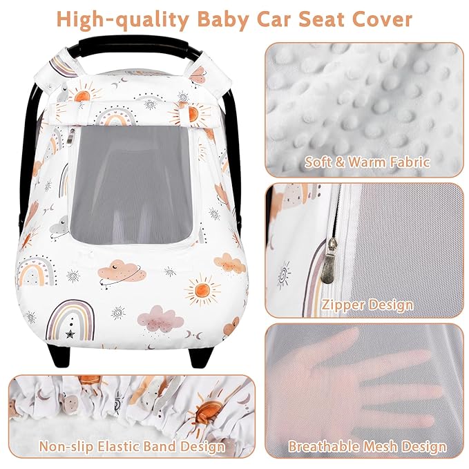 Car Seat Cover Baby, Anti-Kick Carseat Covers Baby Girl, Warm Minky Infant Car Seat Canopy with Mesh Window, Multi-Use Cover Protecting Baby from Wind, Sun, Strangers, White Rainbow