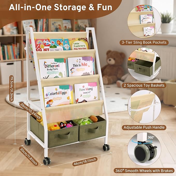 EARLY MINDS 3-Tier Kids Bookshelf with Storage, Wheels & Handle, Montessori Sling Book Organizer for Toddlers, Easy-to-Move Book Shelf, Nursery Bedroom Bookshelf