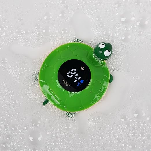 Baby Bath Thermometer with LED Display-Rechargeable Water&Room Temperature Monitor, Floating Toy with Temp Alert, Waterproof for Newborns, Nurseries - Must Have Bath Essentials (Green Tortoise)